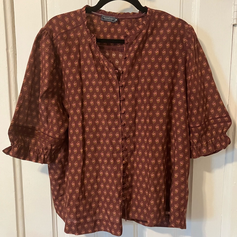 Vineyard Vines Rust Button-Up Blouse with Pattern